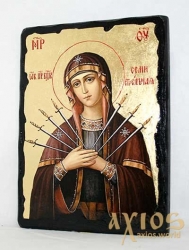 Икона под старину Пресвятая Богородица Семистрельная с позолотой 17x23 см арка - фото