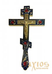 Напрестольный крест, синяя эмаль, инкрустация камнями - фото