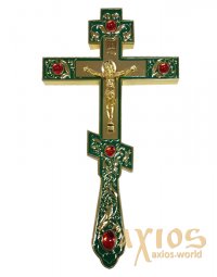 Напрестольный крест, зеленая эмаль, инкрустация камнями - фото