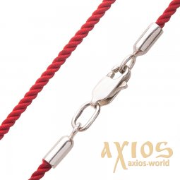 Шелковый красный шнурок с серебряной гладкой застежкой (2мм), серебро 925, шелк, О 18453 - фото