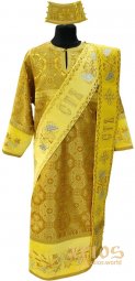 Стихарь диаконский с двойным орарем и поручами, парча жёлтого цвета, вышивка на бархате - фото
