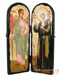 Икона под старину Святая блаженная Матрона Московская и Святой Ангел Хранитель Складень двойной 17x23 см - фото