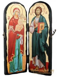 Икона под старину Господь Вседержитель и Пресвятая Богородица Складень двойной 17x23 см - фото
