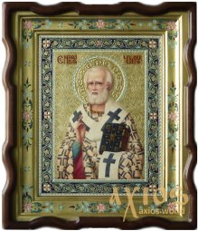 Писаная Икона Святой Николай Чудотворец 31х24 см (ольха, резьба, золото, живопись) - фото