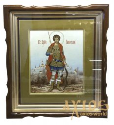 Писаная икона Святой Георгий Победоносец 27х31 см, в деревянном киоте под стеклом - фото