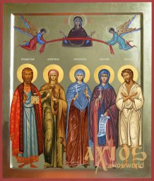 Писаная семейная икона, 5 святых, 30х40 см, золото - фото