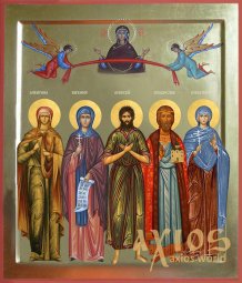Писаная семейная икона, 5 святых, 30х40 см, золото - фото