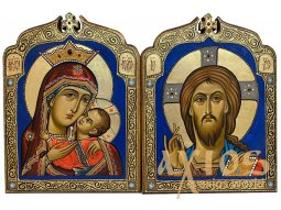 Венчальная пара икона «Спасителя» и икона Божией Матери «Богородица Касперовская», золочение, инкрустация камений, 29х29 см - фото