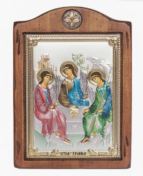 Икона Святая Троица, Итальянский оклад №3, эмали, 17х21 см, дерево ольха - фото