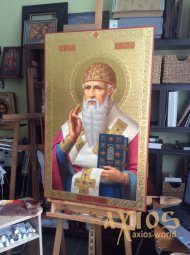 Писанная икона Спиридона Тримифунтского 102х65 см, липа, левкас, темпера, резьба по золоту, 102х65 см - фото