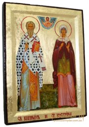 Икона Святые Киприан и Иустиния в позолоте Греческий стиль 17x23 см - фото