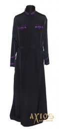 Подрясник чёрный, мокрый шёлк, фиолетовая вышивка  - фото