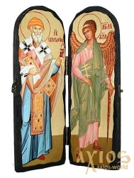 Икона под старину Святитель Спиридон Тримифунтский и Святой Ангел Хранитель Складень двойной 10x30 см - фото