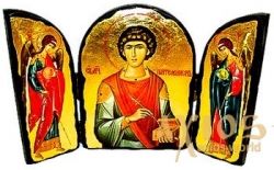 Икона под старину Святой великомученик Пантелеймон Складень тройной 14x10 см - фото