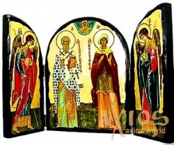 Икона под старину Священномученик Киприан и Святая мученица Иустина Складень тройной 14x10 см - фото