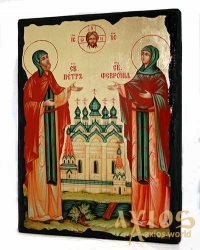 Икона под старину Святые благоверные Петр и Феврония Муромские с позолотой 17x23 см - фото