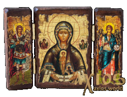 Икона под старину Пресвятой Богородицы В родах помощница складень тройной 14x10 см - фото