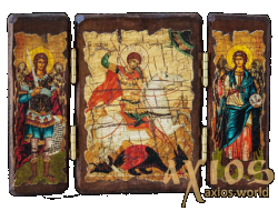 Икона под старину Святой великомученик Георгий Победоносец складень тройной 14x10 см - фото