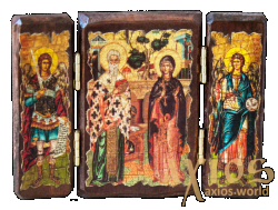 Икона под старину Святые Киприан и Иустина складень тройной 14x10 см - фото