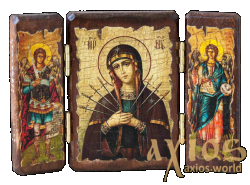 Икона под старину Пресвятой Богородицы Семистрельная складень тройной 14x10 см - фото