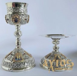 Евхаристические набор серебро, гравировка, натуральные камни, с вставкой в потир из серебра 1l. (Греция) - фото