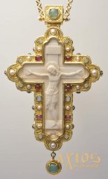 Крест наперсный позолоченный с драгоценными камнями авантюрин, аметист.  (Греция) - фото