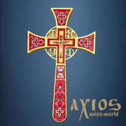 Крест напрестольный, эмаль, мальтийский с иконами (17х29) красный - фото
