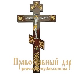 Крест напрестольный латунный на дереве в позолоте - фото