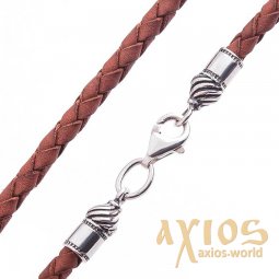 Кожаный коричневый шнурок с серебряной застежкой (3мм), серебро 925, кожа, О 18430 - фото