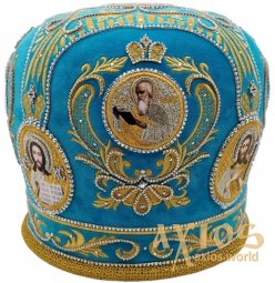 Митра "Корона", голубой бархат, вышивка золотой нитью - фото