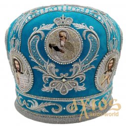 Митра "Корона", голубой бархат, вышивка серебряной нитью - фото