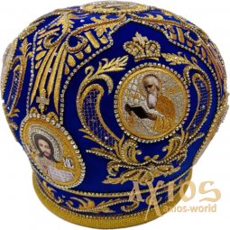 Митра "Корона", синий бархат, вышивка золотой нитью - фото