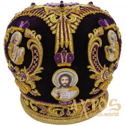 Митра "Корона" с золотой вышивкой на фиолетовом бархате, инкрустирована камнями - фото