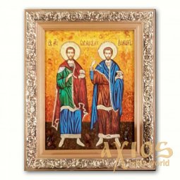 Икона ростовая Косма и Дамиан из янтаря - фото