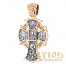 Нательный крестик «Господь Вседержитель. Икона Божией Матери«, серебро 925 ° с позолотой и чернением, 36х20 мм, О 131460 - фото