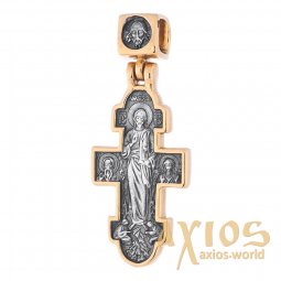 Нательный крестик «Икона Божией Матери «Нечаянная Радость», серебро 925, с позолотой и чернением, 33х14мм, О 131691 - фото