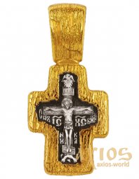 Распятие Христово. Святитель Николай. Православный крест, серебро 925, позолота, 14х30 мм - фото