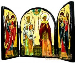 Икона под старину Священномученик Киприан и Святая мученица Иустина Складень тройной 17x23 см - фото