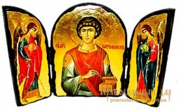 Икона под старину Святой великомученик Пантелеймон Складень тройной 17x23 см - фото
