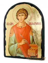 Икона под старину Святой целитель Пантелеймон с позолотой 17x21 см арка - фото