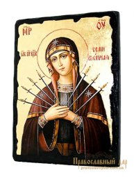 Икона под старину Пресвятая Богородица Семистрельная с позолотой 13x17 см - фото