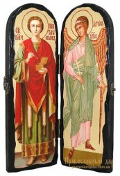 Икона под старину Святой целитель Пантелеймон и Святой Ангел Хранитель Складень двойной 17x23 см - фото