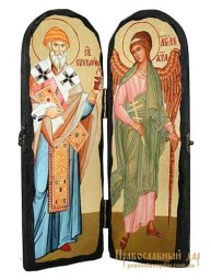 Икона под старину Святитель Спиридон Тримифунтский и Святой Ангел Хранитель Складень двойной 17x23 см - фото