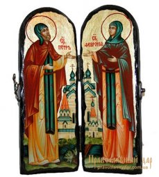 Икона под старину Святые благоверные Петр и Феврония Муромские Складень двойной 17x23 см - фото