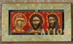 Писаная икона трех ликов Богородица, Спаситель, Иоанн Предтеча 39х21 см - фото
