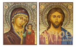 Писаные иконы Венчальная пара Спаситель и Казанская Богородица 16х20 см - фото