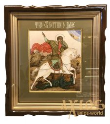 Писаная икона Святой Георгий Победоносец 27х31 см, в деревянном киоте под стеклом (Чудо Георгия о Змие) - фото