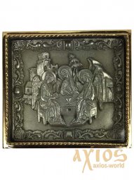 Икона в металле Троица, посеребрение, позолоченная рамка, 5х5 см - фото