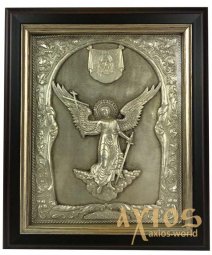 Икона в металле Ангел Хранитель, посеребрение, рамка из дерева, 11х14 см - фото