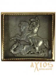 Икона в металле Георгий Победоносец, посеребрение, позолоченная рамка, 5х5 см - фото